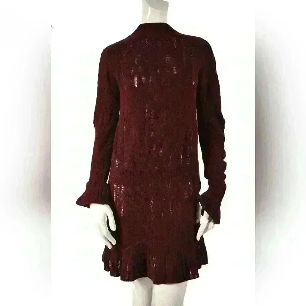 THEYSKENS THEORY Red Burgundy Wool  Distressed Bell Sleeve 3/4 Length Dress